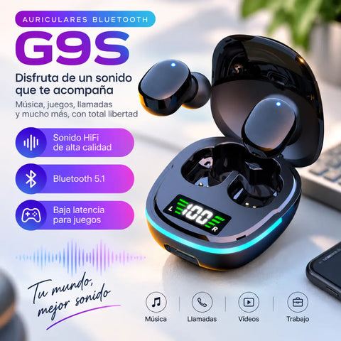 Auriculares bluetooth g9s negros con estuche de carga brillante y pantalla con luces led azules encendidas