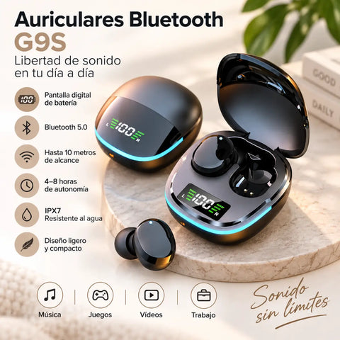 Auriculares bluetooth g9s tws negros con acabado brillante y luces led azules en el estuche de carga