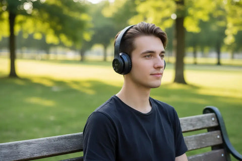 Auriculares bluetooth inalámbricos negros con diseño plegable y diadema para sonido estéreo moderno y cómodo