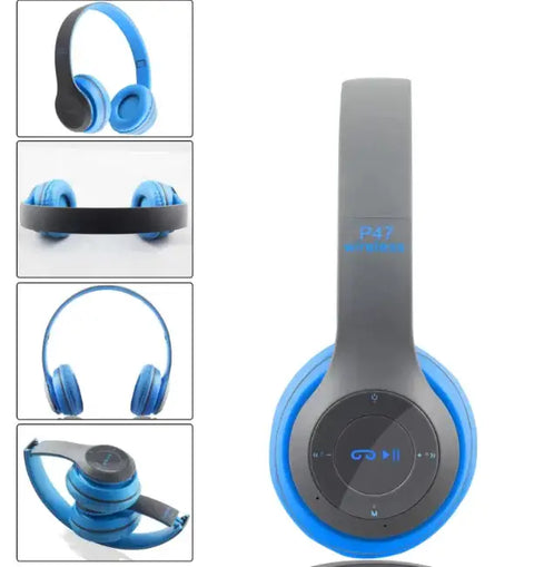 Auriculares Bluetooth inalámbricos con diadema ajustable en azul y negro