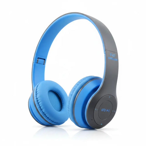 Auriculares bluetooth inalámbricos azul y gris con diseño plegable y sonido estéreo de diadema moderna