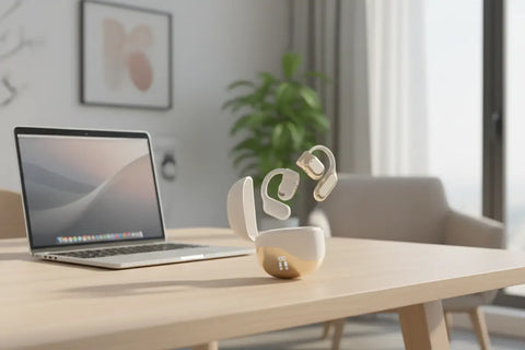 Auriculares Bluetooth inalámbricos blancos y dorados con estuche de carga