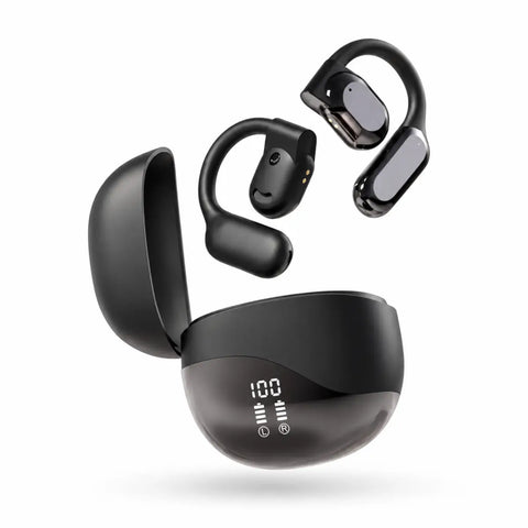 Auriculares bluetooth deportivos negros con diseño ergonómico y estuche electrónico con indicadores de batería