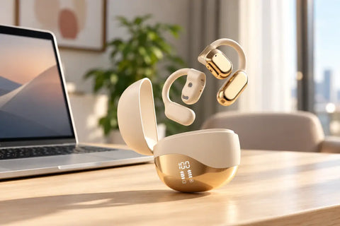 Auriculares bluetooth inalámbricos crema y dorado con estuche de carga moderno y 100% batería ideales para electrónica y deportes
