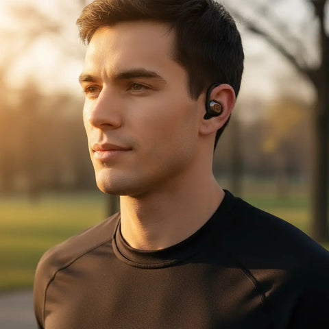 Auriculares Bluetooth inalámbricos negros con acento dorado
