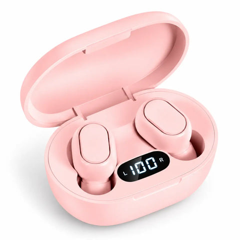 Auriculares inalámbricos rosas con estuche de carga y pantalla led que muestra nivel de batería hasta 20h de uso