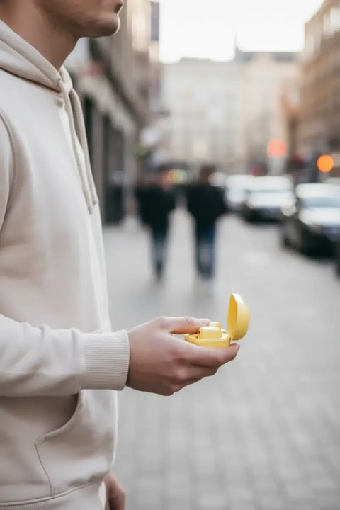 Auriculares inalámbricos en estuche amarillo de plástico con pantalla led y hasta 20 horas de uso para electrónica