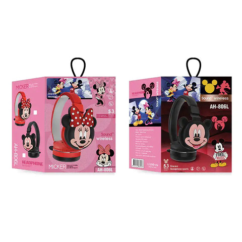 Auriculares Bluetooth AH-806L estilo Mickey rojo y negro en caja rosa