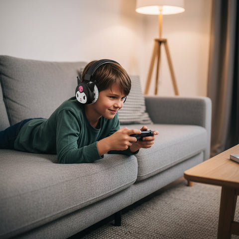 Niño sentado en el sofá jugando con consola mientras lleva auriculares Kuromi negros.