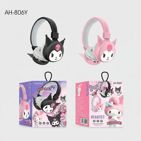 Alt text de auriculares bluetooth Kuromi con personaje Kuromi en empaque para niños