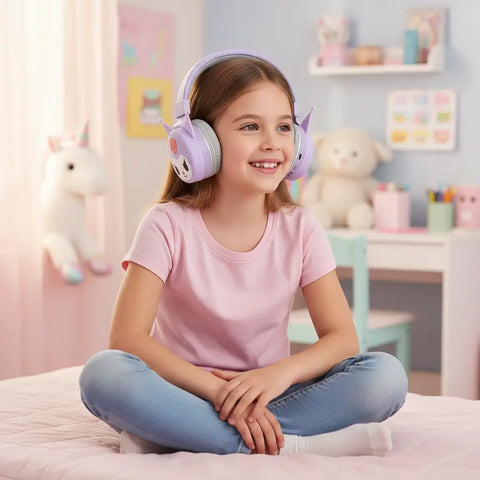 Niña usando auriculares Bluetooth Kuromi morados en una habitación infantil kawaii, sentada en la cama y escuchando música.
