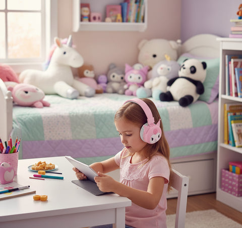 Niña estudiando en su escritorio con auriculares Kuromi rosas en una habitación con peluches.