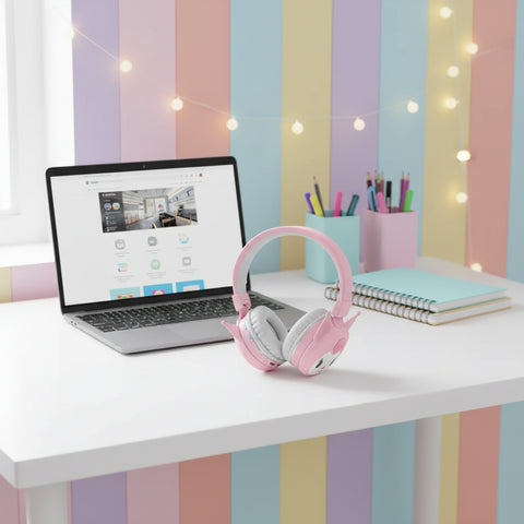 Auriculares Kuromi rosas sobre escritorio con portátil y libros en habitación infantil de tonos pastel.niños