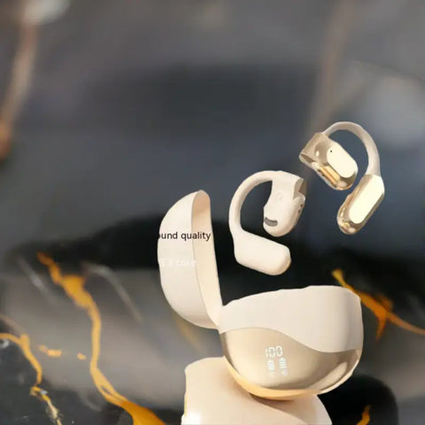Auriculares Bluetooth con diseño ergonómico en beige y oro con estuche de carga
