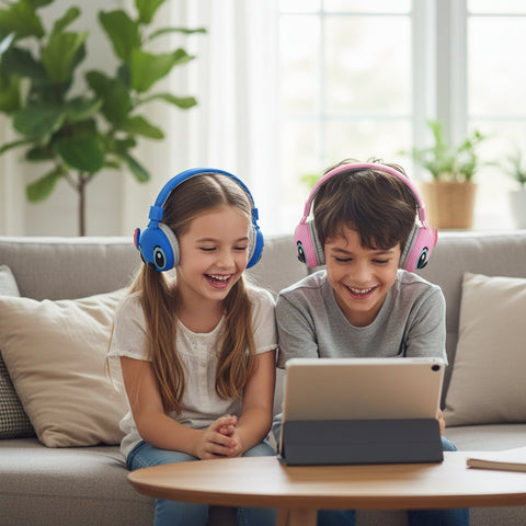 Dos niños compartiendo pantalla con auriculares Bluetooth infantiles, uno azul y otro rosa, diseño kawaii.