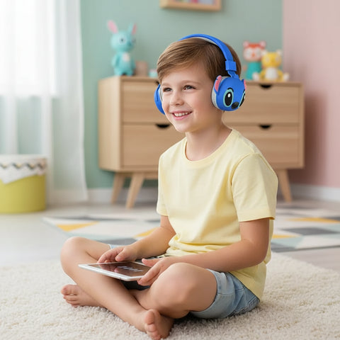 Niño usando auriculares Bluetooth infantiles azules con diseño kawaii en su habitación, escuchando música.