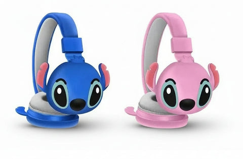Auriculares Bluetooth Stitch para niños en colores azul y rosa con diseño kawaii