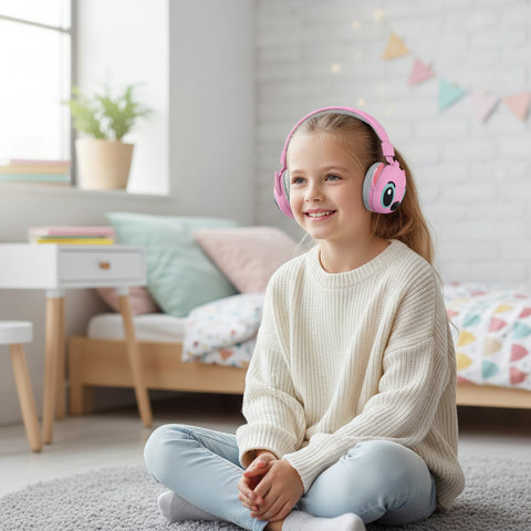 Niña usando auriculares Bluetooth infantiles rosas  con diseño kawaii en su habitación, escuchando música.
