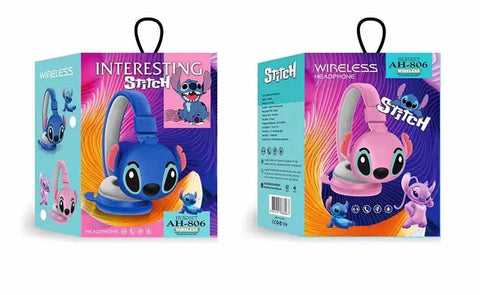 Imagen de dos cajas de auriculares bluetooth Stitch para niños, diseño kawaii y colorido