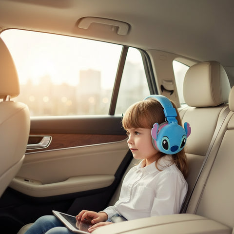 Niña en el asiento trasero del coche con auriculares Bluetooth infantiles azules, entretenido durante el viaje.