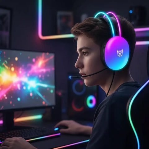 Auriculares Bluetooth RGB gaming con iluminación RGB y logo de gato iluminado