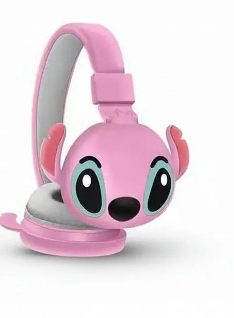 Auriculares bluetooth stitch para niños con diseño kawaii, cómodos y ligeros en color rosa y cojines grises suaves