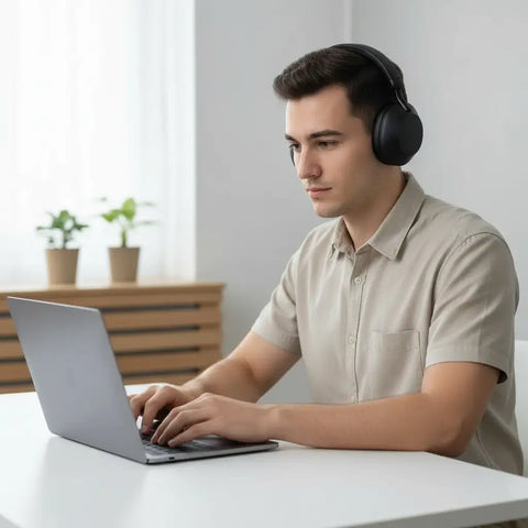 Hombre usando auriculares bluetooth supraaurales negros con diseño moderno