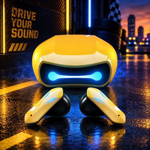 Auriculares bluetooth tws gaming amarillos y negros con luces led azules en estuche robotizado elegante