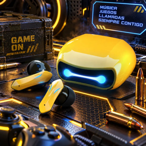 Estuche amarillo en forma de robot con luces led azules para auriculares bluetooth tws gaming con estuche led