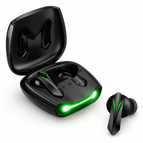 Auriculares bluetooth tws gaming negros con luces led verdes en estuche de carga matching