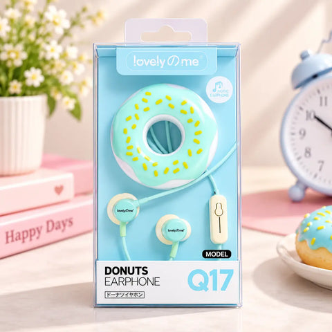 Auriculares in-ear con cable diseño kawaii forma donut azul claro con chispas amarillas en caja loveme modelo q17 envío gratis electrónica