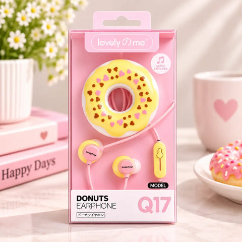 Imagen de auriculares in-ear con cable diseño kawaii donut rosa y amarillo con chispas de corazón en caja rosa con envío gratis