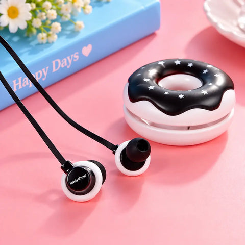 Estuche de auriculares in-ear con cable en forma de dona blanco y negro con glaseado de estrellas diseño kawaii con envío gratis