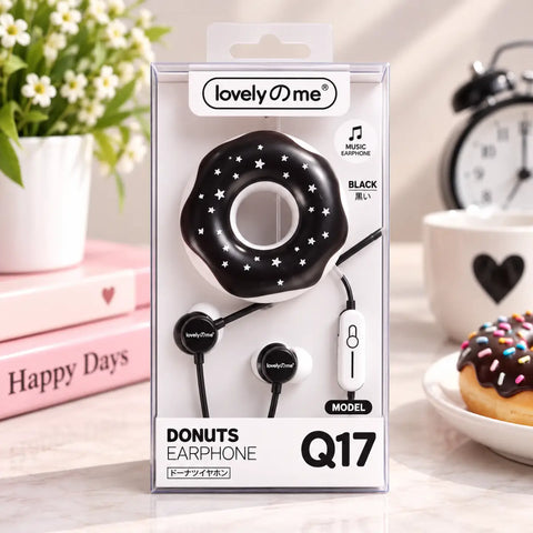 Auriculares in-ear con cable diseño kawaii donut negros con estrellas blancas en caja para envío gratis