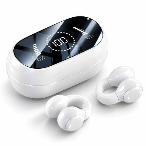 Auriculares deportivos inalámbricos m47 blancos con acabado brillante y estuche ovalado con pantalla digital para running