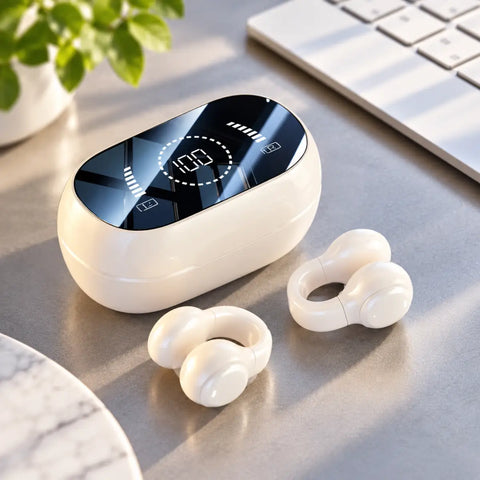 Auriculares deportivos inalámbricos blancos m47 con acabado brillante y estuche con pantalla digital para running