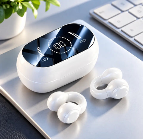 Auriculares deportivos inalámbricos blancos m47 con acabado brillante y estuche oval con pantalla digital para running
