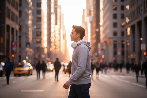 Hombre con auriculares bluetooth para gaming en hoodie gris claro