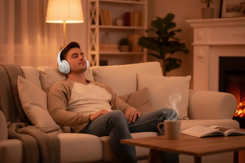 Auriculares Bluetooth para gaming blancos al cuello de hombre en chaqueta vaquera