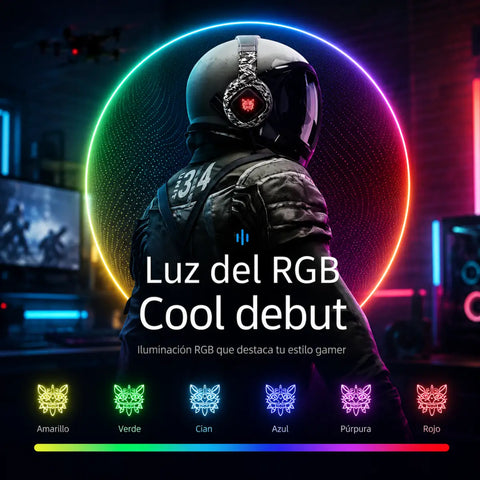 Auriculares gaming onikuma k19 con diseño camuflaje, casco negro mate con led rojo y detalles metálicos plateados