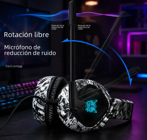 Auriculares gaming Onikuma K19 en diseño camuflaje blanco y negro con micrófono y logo azul RGB iluminado