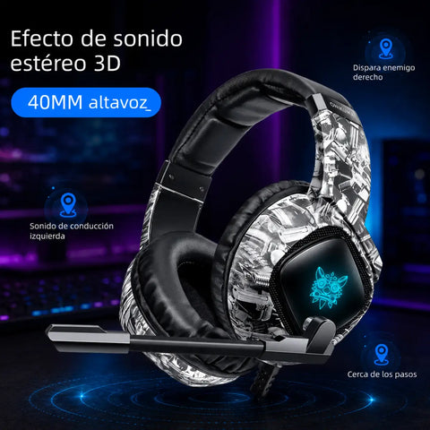 Auriculares gaming onikuma k19 negro y plata con altavoces estéreo 40mm y logo gato azul iluminado diseño camuflaje