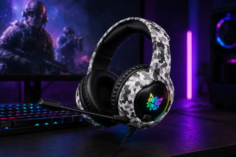 Auriculares gaming onikuma k19 con diseño camuflaje gris y negro y iluminación rgb en el logo del auricular