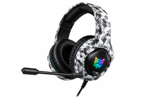 Auriculares gaming Onikuma K19 camuflaje blanco y negro con micrófono e iluminación RGB en el auricular