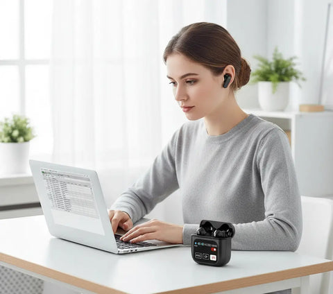 Mujer trabajando con portátil en escritorio minimalista usando auriculares inalámbricos Bluetooth negros, estuche de carga con pantalla digital al lado del ordenador