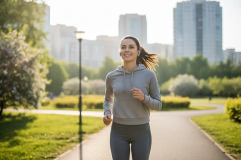 Mujer corriendo con auriculares inalámbricos bluetooth gris de electrónica para sonido nítido y máxima libertad