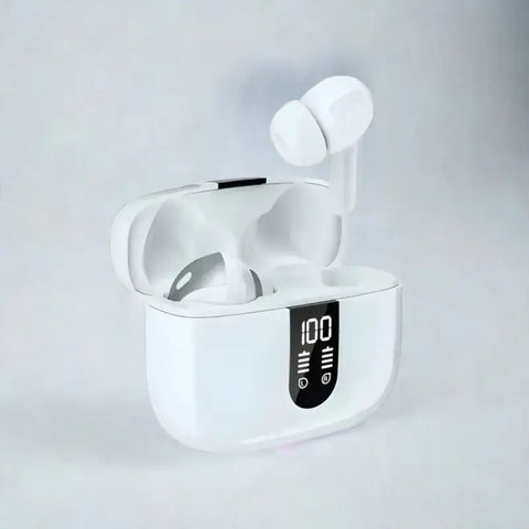 Auriculares inalámbricos Bluetooth en estuche de carga, producto de electrónica