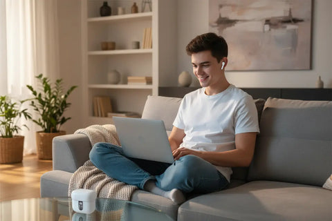 Auriculares inalámbricos bluetooth con diseño minimalista en laptop plateada para electrónica portátil