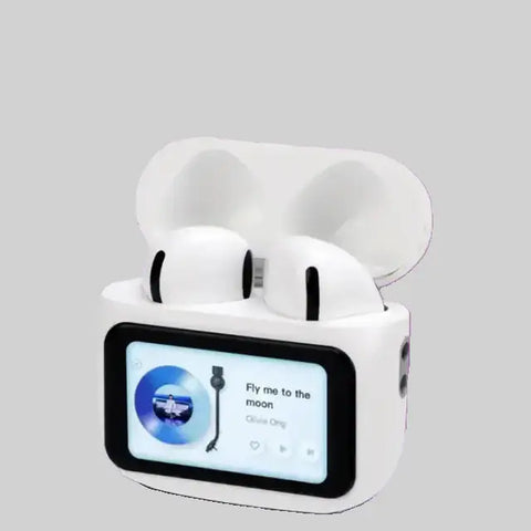 Auriculares inalámbricos con pantalla táctil en estuche de carga, electrónica moderna