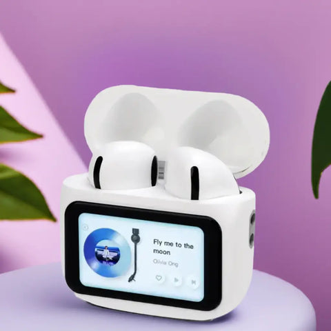 Auriculares inalámbricos con pantalla táctil en estuche, ideal para electrónica moderna